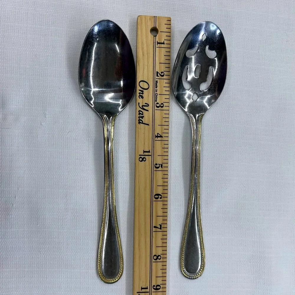 International Silver Royal Bead Gold 4 pc Serving Set Stainless 18/8 Spoons Fork